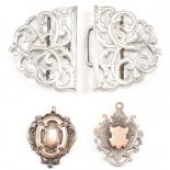 HALLMARKED SILVER NURSE'S BELT BUCKLE & SILVER FOB MEDALS