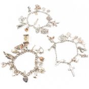 3 SILVER CHARM BRACELETS WITH SILVER & WHITE METAL CHARMS