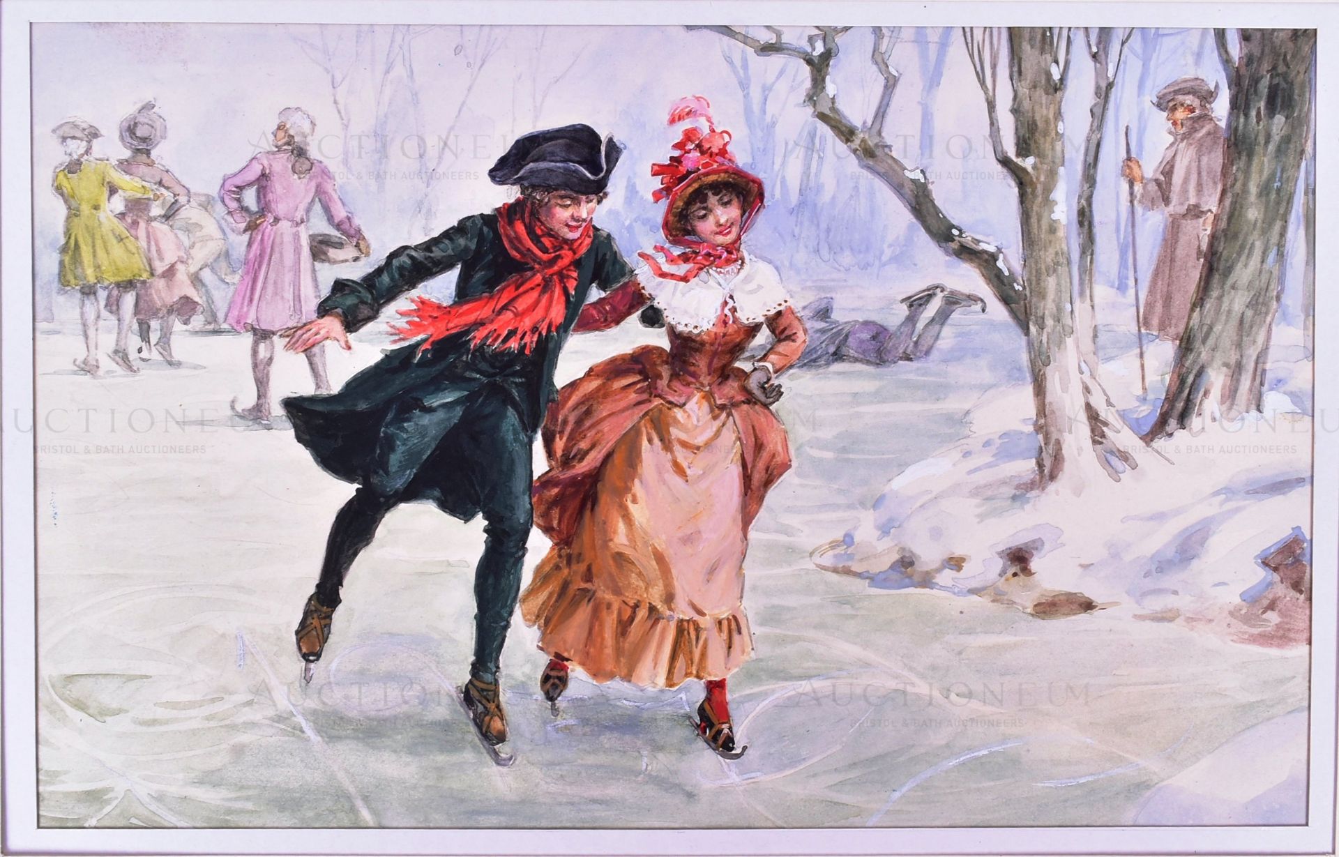 LOUIS WARD (1913 - 2005) - PERIOD COUPLE ICE-SKATING ORIGINAL ARTWORK