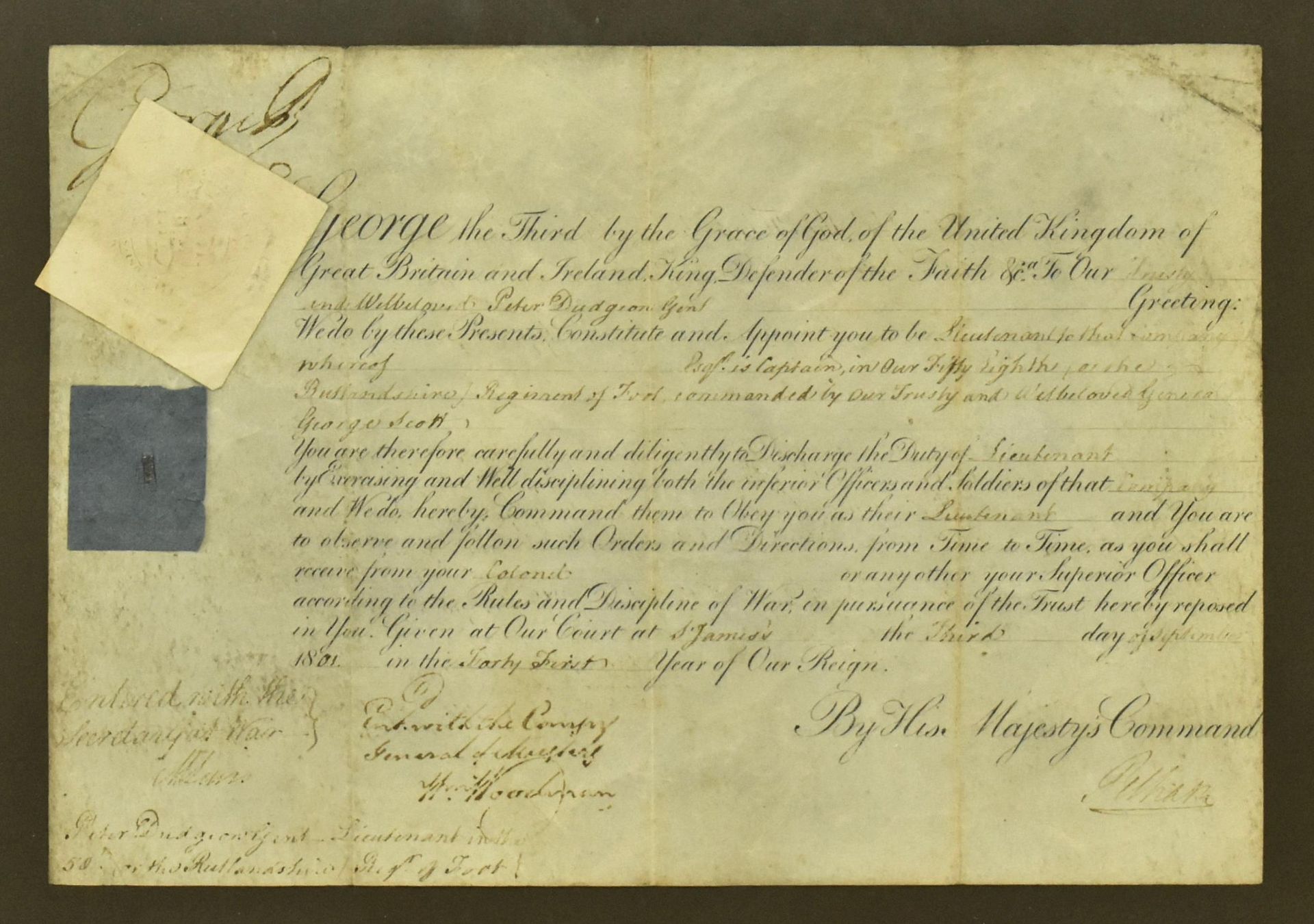 GEORGE III (1738-1820). SIGNED ARMY PURCHASE COMMISSION DEED