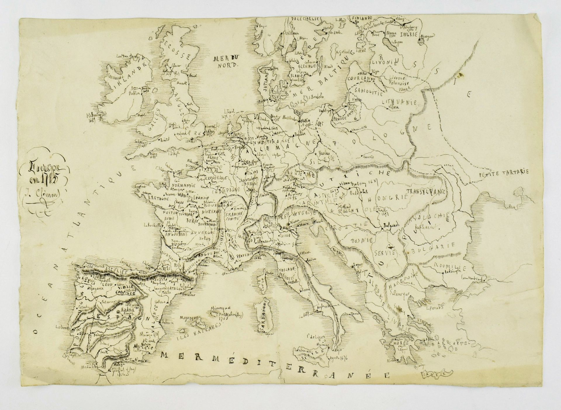 HAND DRAWN 19TH CENTURY MANUSCRIPT FRENCH MAP OF EUROPE