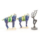 LATE 20TH CENTURY CERAMIC CHINESE WAR HORSE & CAST IRON DEER