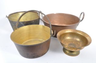EARLY 20TH CENTURY COPPER TAZZA & BRASS PANS