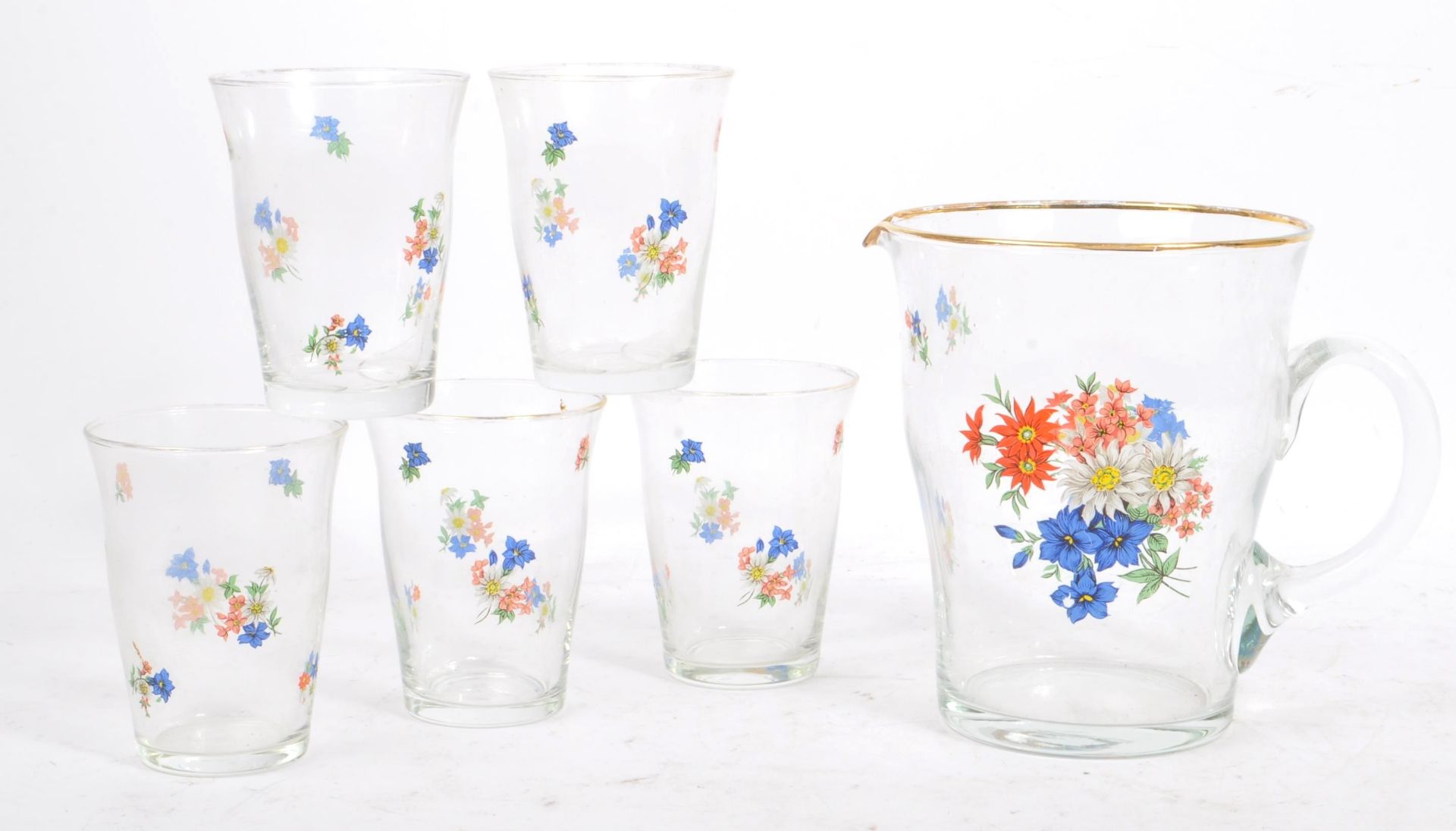 VINTAGE 20TH CENTURY FLORAL DESIGN GLASS LEMONADE SET