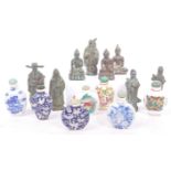 COLLECTION OF CHINESE BRONZE STATUES W/ ASIAN SNUFF BOTTLES