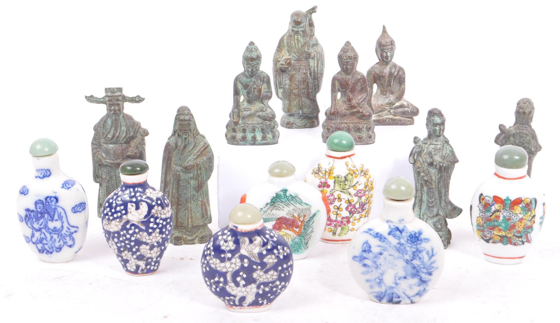 COLLECTION OF CHINESE BRONZE STATUES W/ ASIAN SNUFF BOTTLES