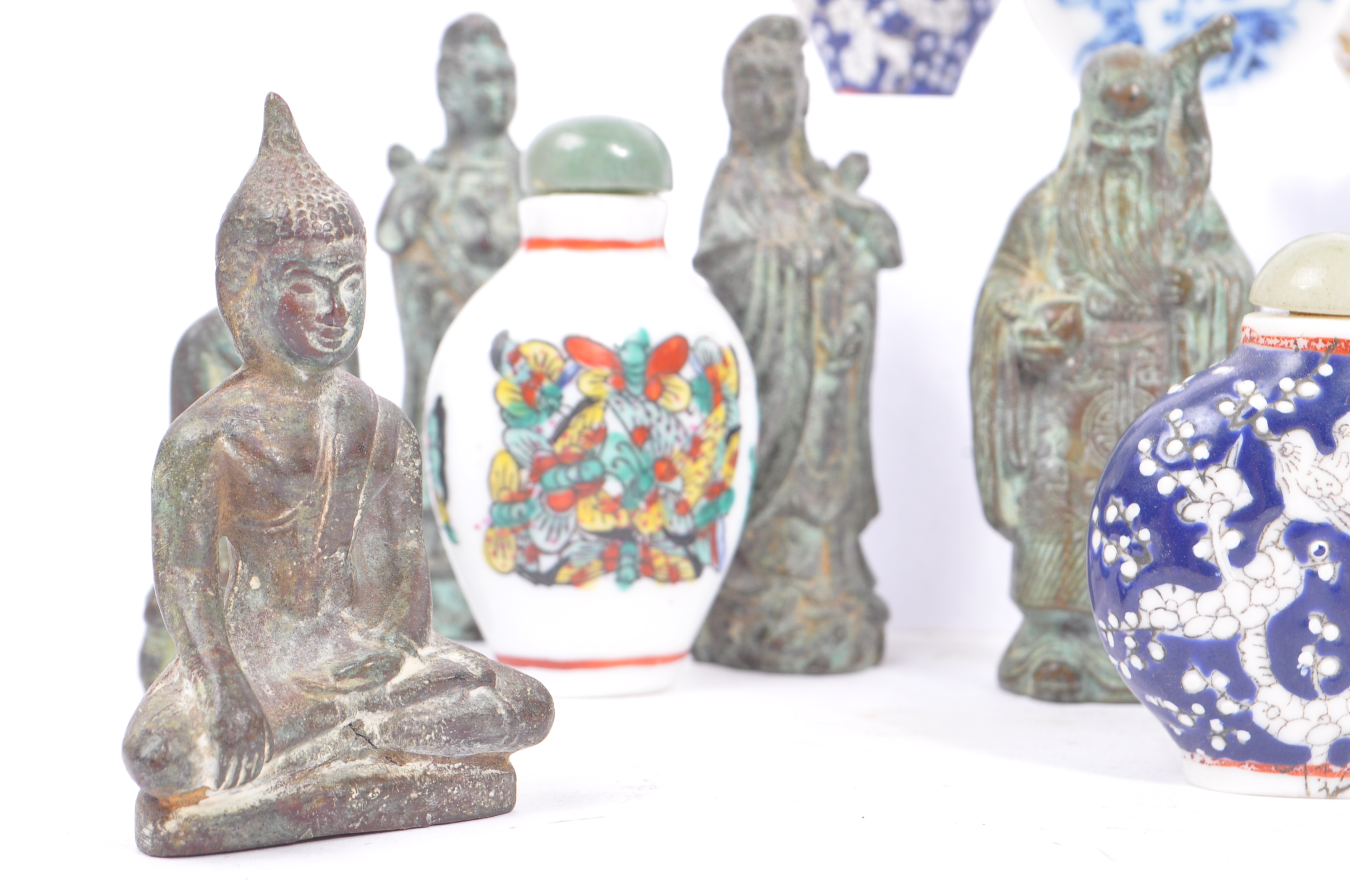 COLLECTION OF CHINESE BRONZE STATUES W/ ASIAN SNUFF BOTTLES - Image 3 of 9
