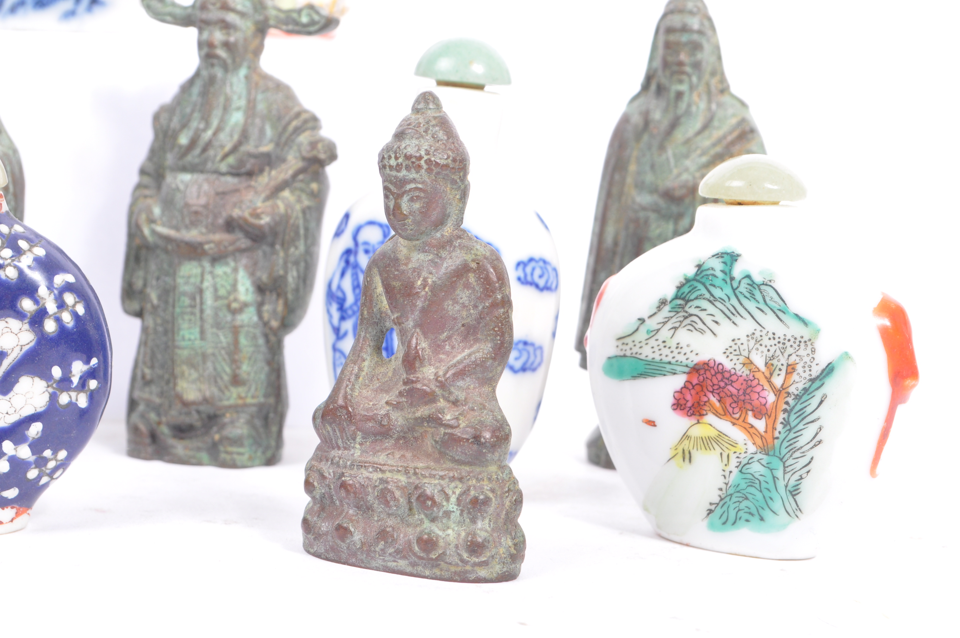 COLLECTION OF CHINESE BRONZE STATUES W/ ASIAN SNUFF BOTTLES - Image 2 of 9