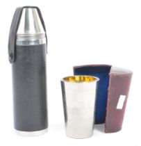 SIX GRADUATING SILVER PLATED TRAVEL CUPS & FLASK