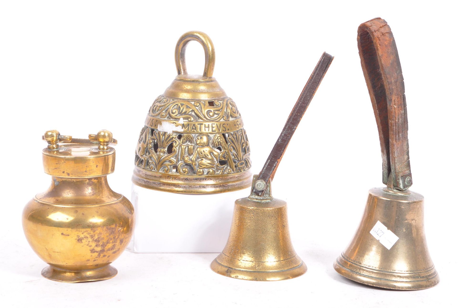 THREE LATE 19TH CENTURY BRASS SERVING BELLS & OTHER