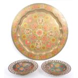 VINTAGE 20TH CENTURY BRASS PAINTED ENAMEL CHARGER & BOWLS