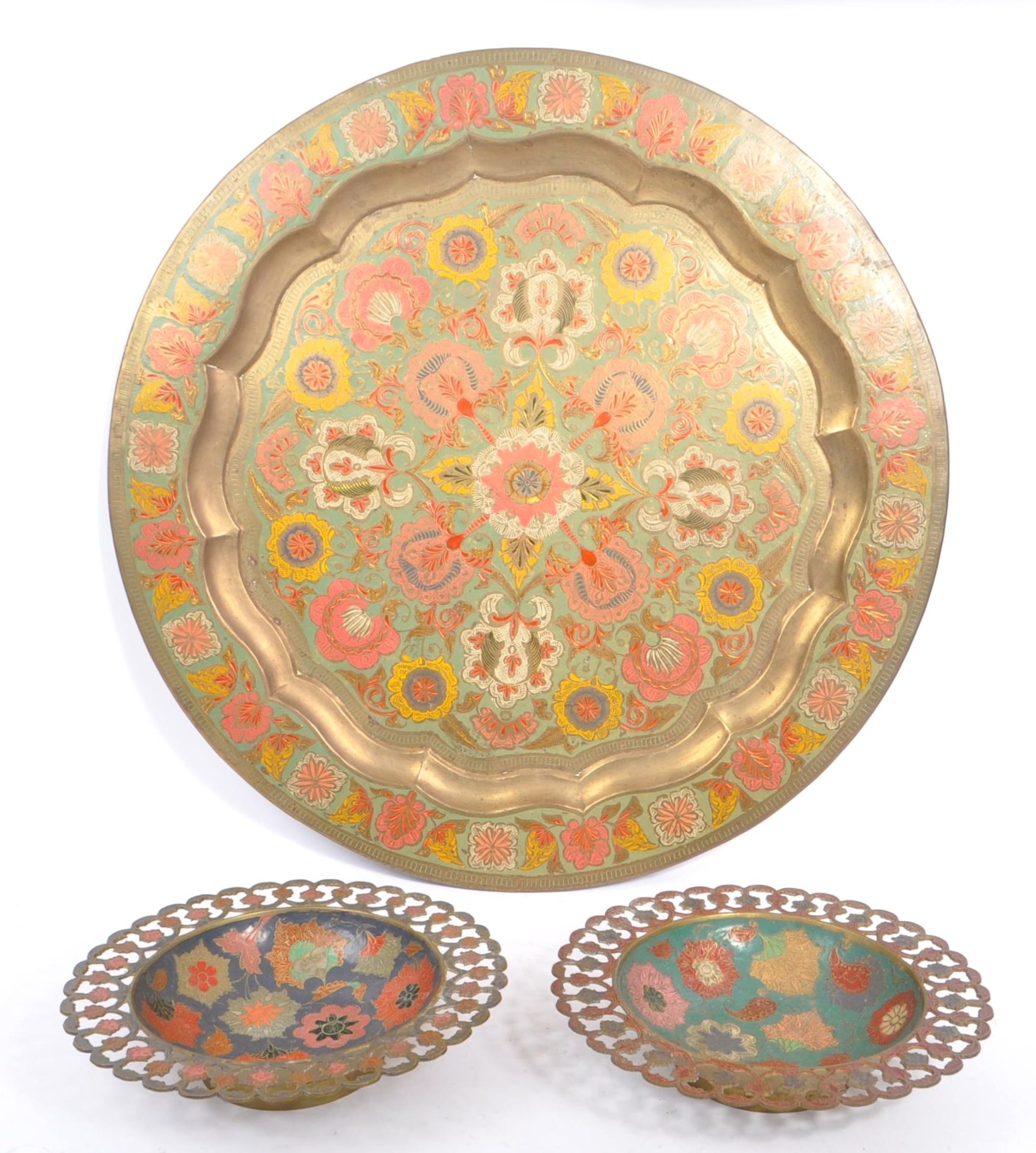 VINTAGE 20TH CENTURY BRASS PAINTED ENAMEL CHARGER & BOWLS