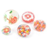 COLLECTION OF FIVE MID CENTURY MILLEFIORI PAPERWEIGHTS