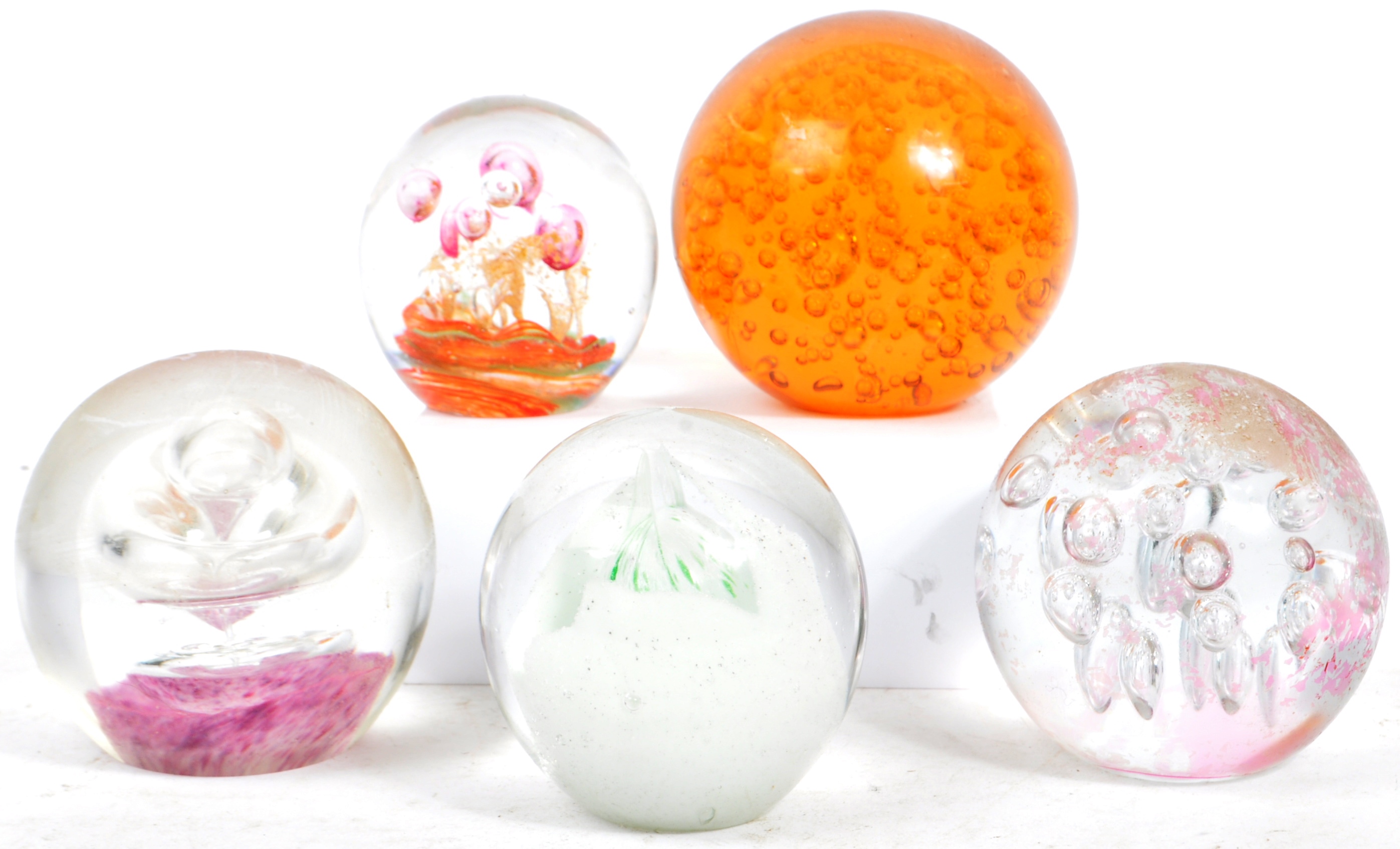 FIVE VINTAGE MID CENTURY STUDIO ART GLASS PAPERWEIGHTS