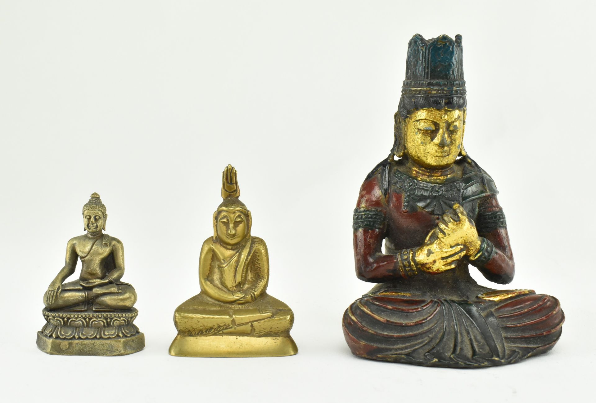 TWO 20TH CENTURY BUDDHA STATUES & A SEATED RAMA FIGURINE
