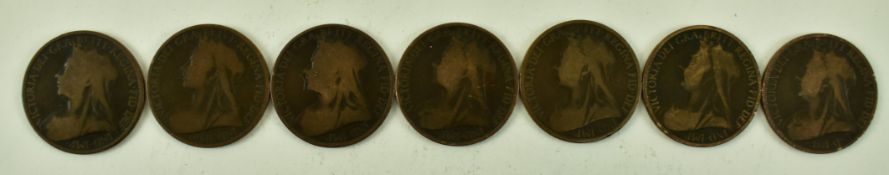 SEVEN VICTORIAN LATE 19TH CENTURY COPPER ONE PENNY COINS