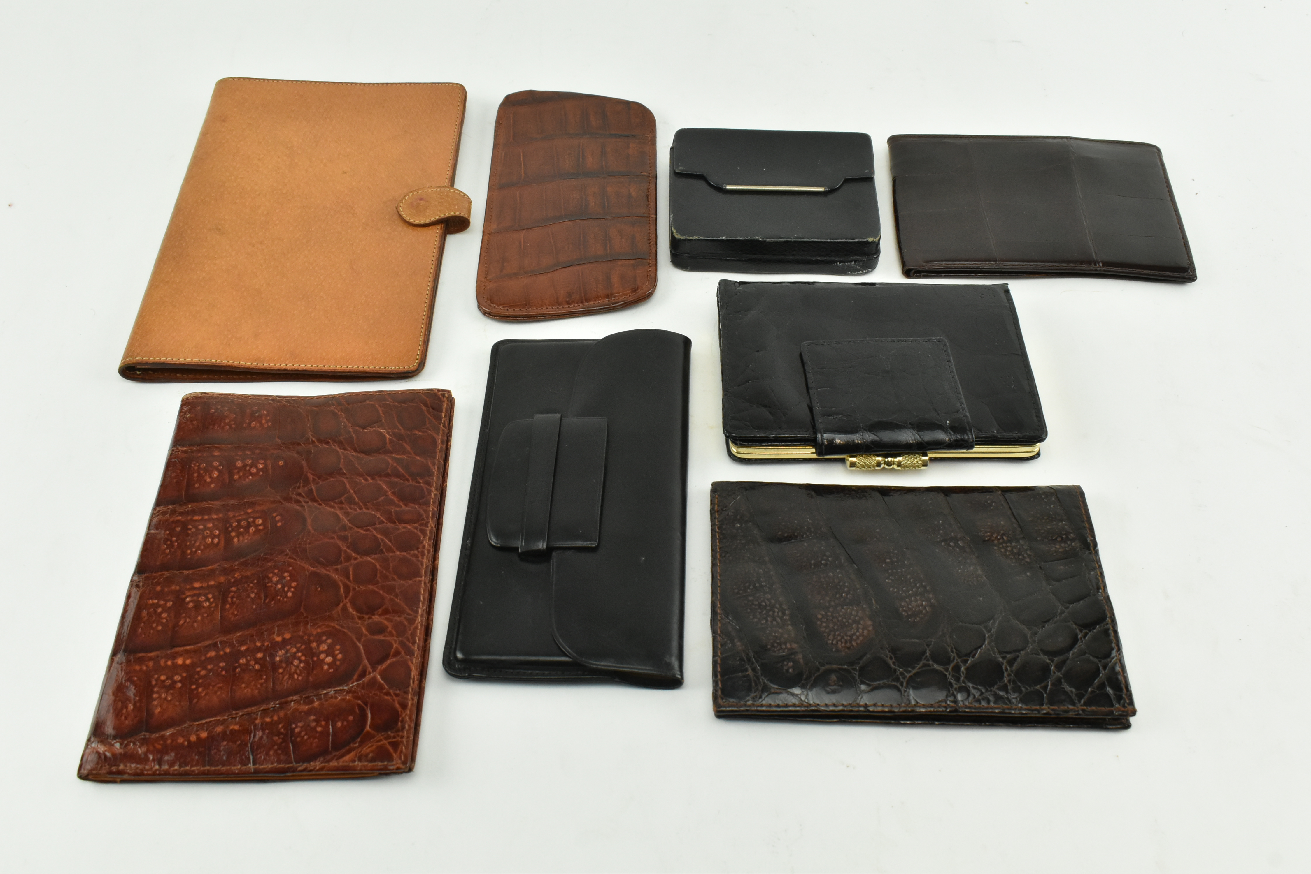 SEVEN VINTAGE ALLIGATOR SKIN & LEATHER PURSES, WALLETS ETC