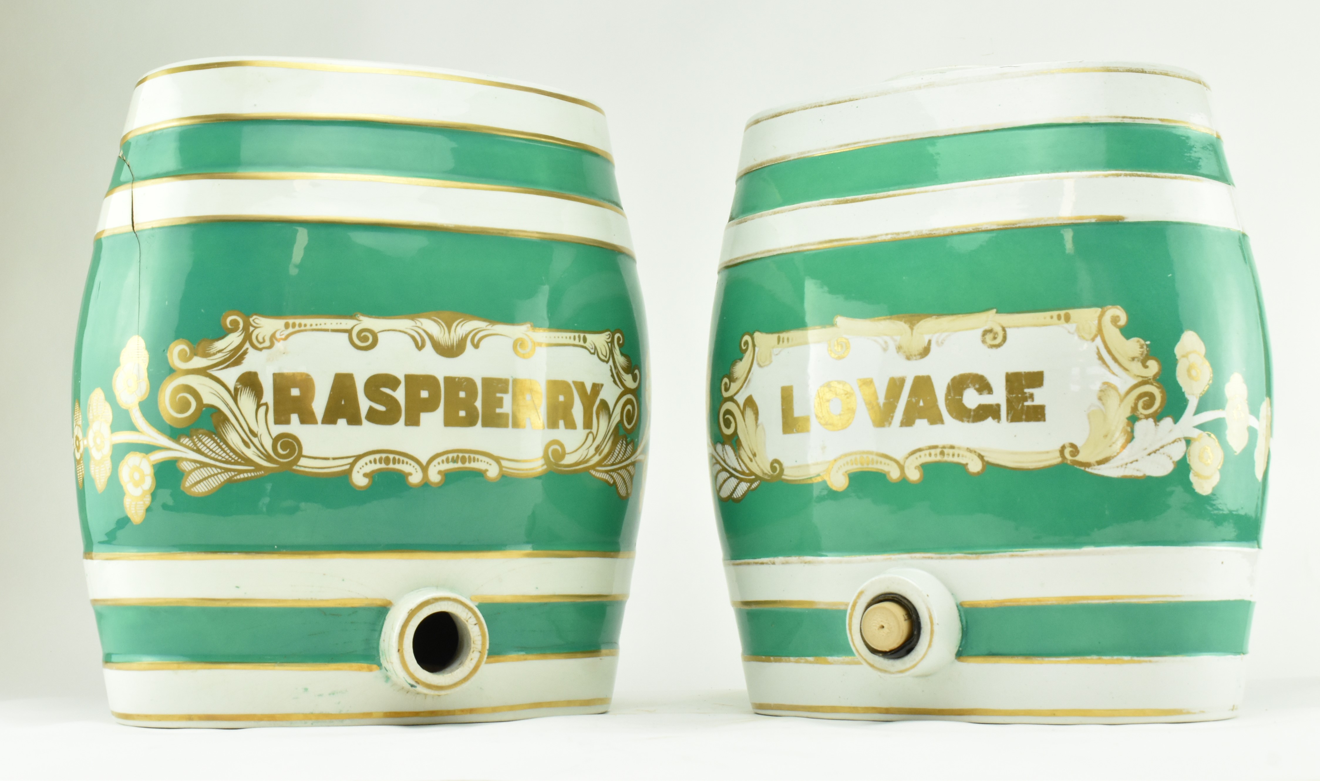 PAIR OF VICTORIAN STONEWARE PUB BARRELS - LOVAGE / RASPBERRY