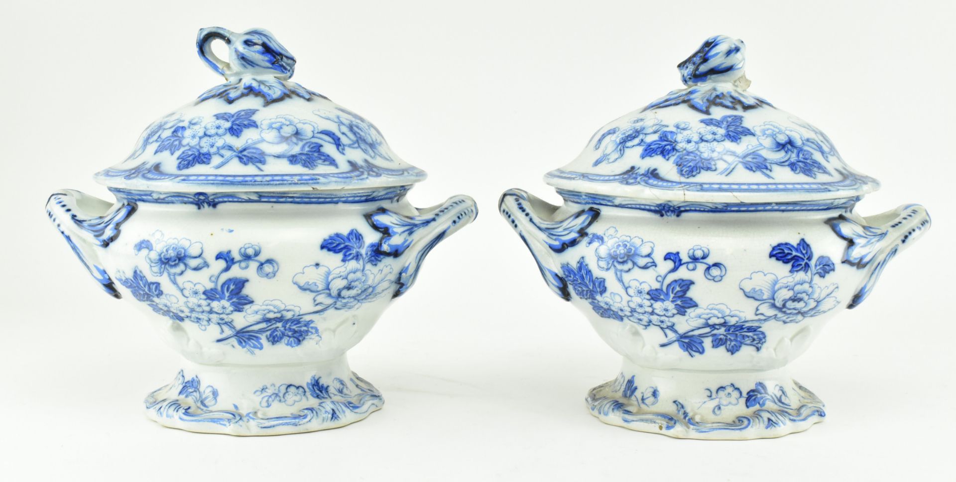 PAIR OF CEARULUS MARKED VICTORIAN BLUE & WHITE LIDDED JARS