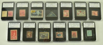 COLLECTION OF 13 CASED SINGLE UK & FOREIGN STAMPS