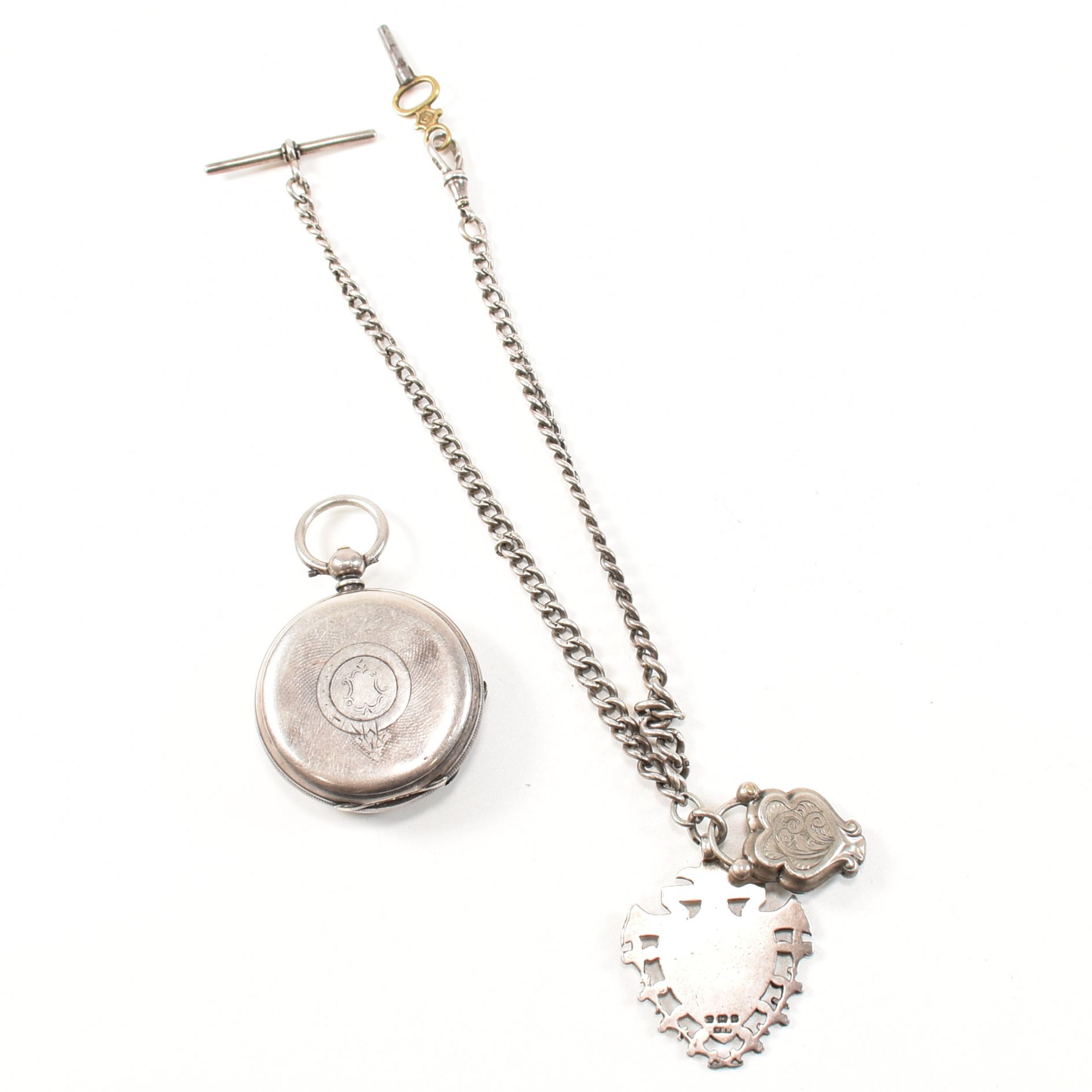VICTORIAN SILVER POCKET WATCH ON CHAIN WITH KEY & FOBS - Image 2 of 5