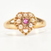 EARLY 20TH CENTURY 15CT GOLD HEART RUBY & PEARL RING