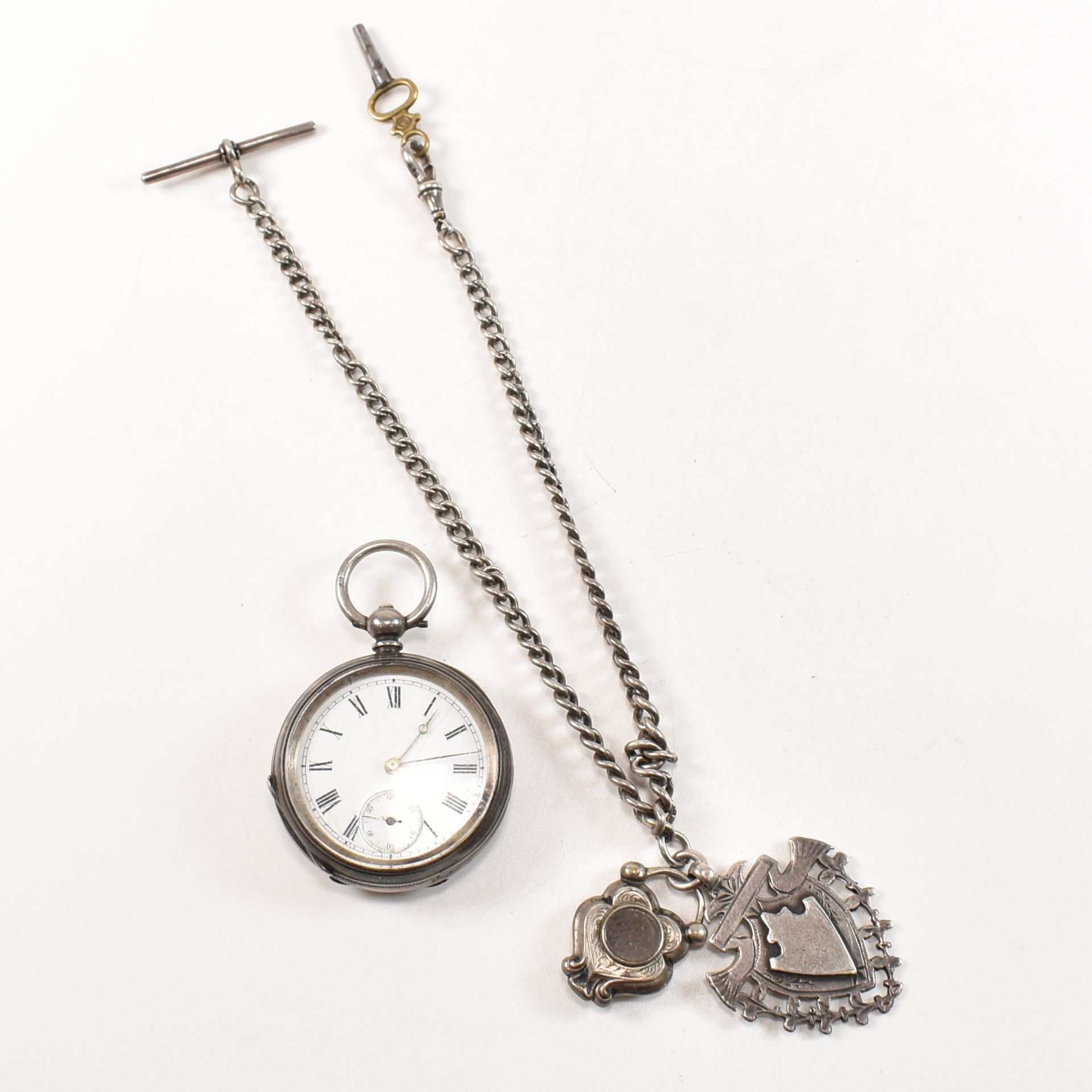 VICTORIAN SILVER POCKET WATCH ON CHAIN WITH KEY & FOBS