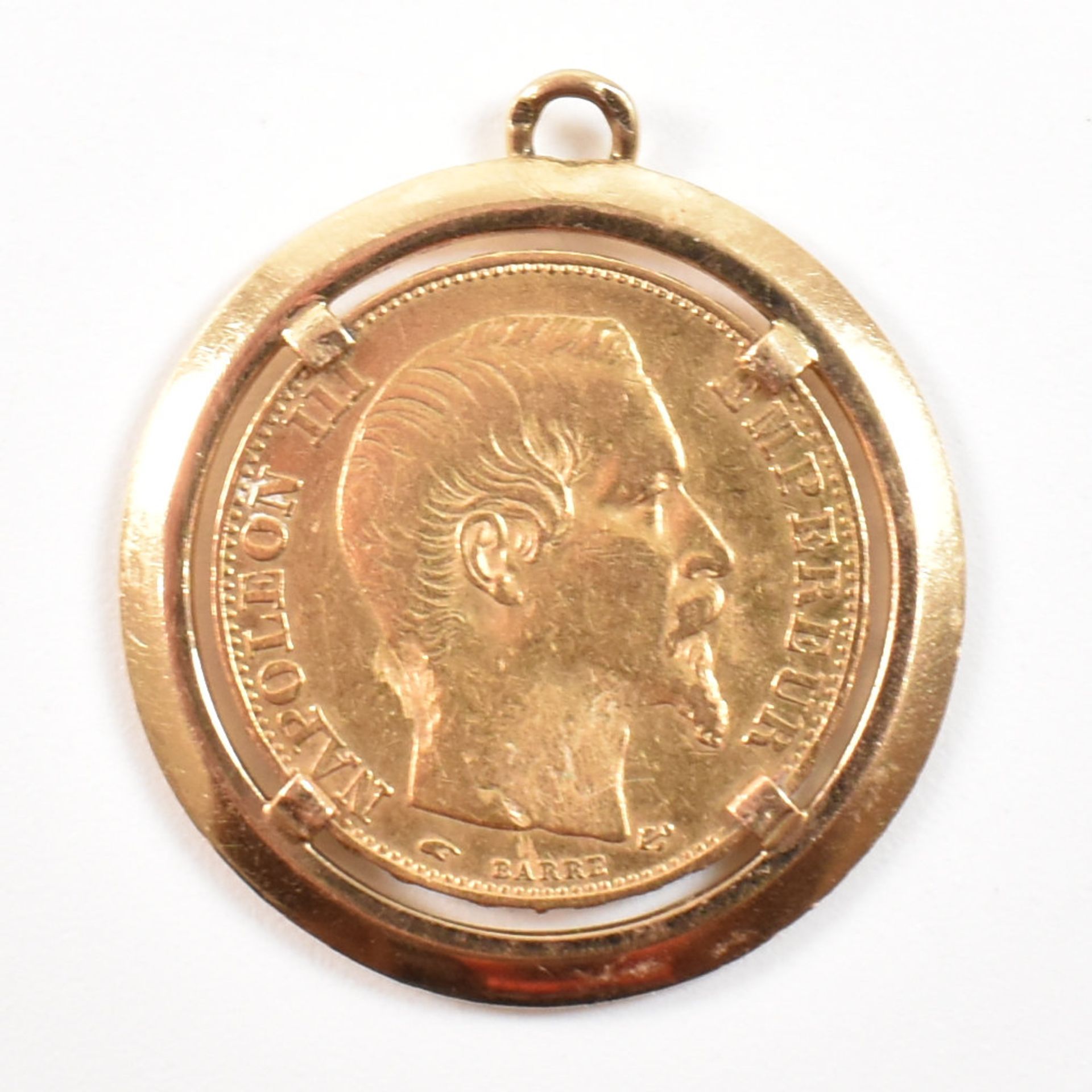 MOUNTED NAPOLEON III GOLD 20 FRENCH FRANC COIN - Image 3 of 5