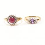 HALLMARKED 9CT GOLD AMETHYST & DIAMOND RING & 9CT GOLD & RUBY RING &