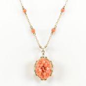 HALLMARKED 9CT GOLD CARVED PRECIOUS CORAL & PEARL PENDANT NECKLACE