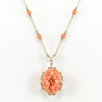 HALLMARKED 9CT GOLD CARVED PRECIOUS CORAL & PEARL PENDANT NECKLACE
