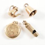 HALLMARKED 9CT GOLD LOCKET & THREE GOLD CHARMS