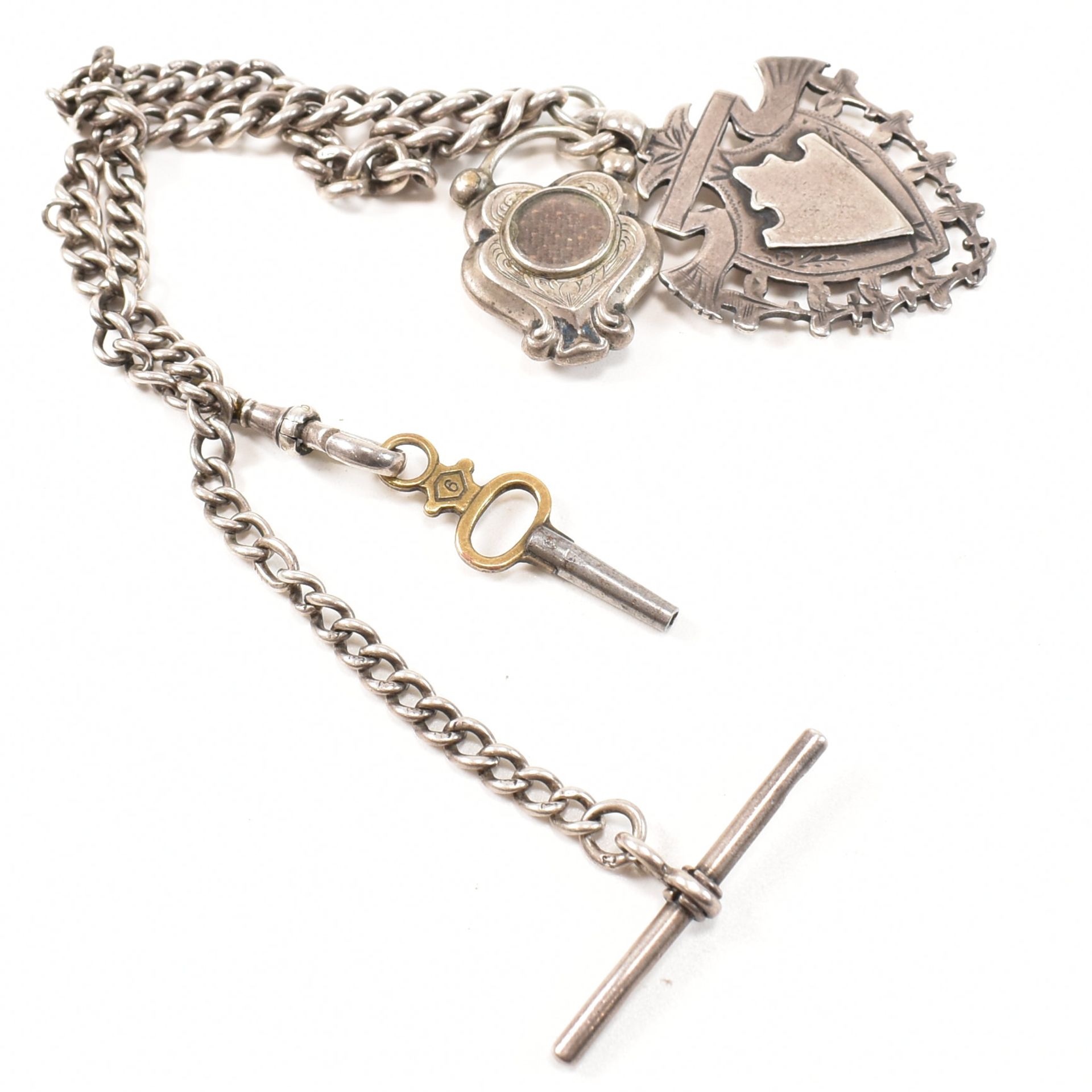 VICTORIAN SILVER POCKET WATCH ON CHAIN WITH KEY & FOBS - Image 3 of 5