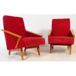 PAIR OF MID CENTURY OAK FRAMED ARMCHAIRS