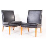 TWO MATCHING RETRO 1960S TEAK & BLACK VINYL DESK DINING CHAIRS