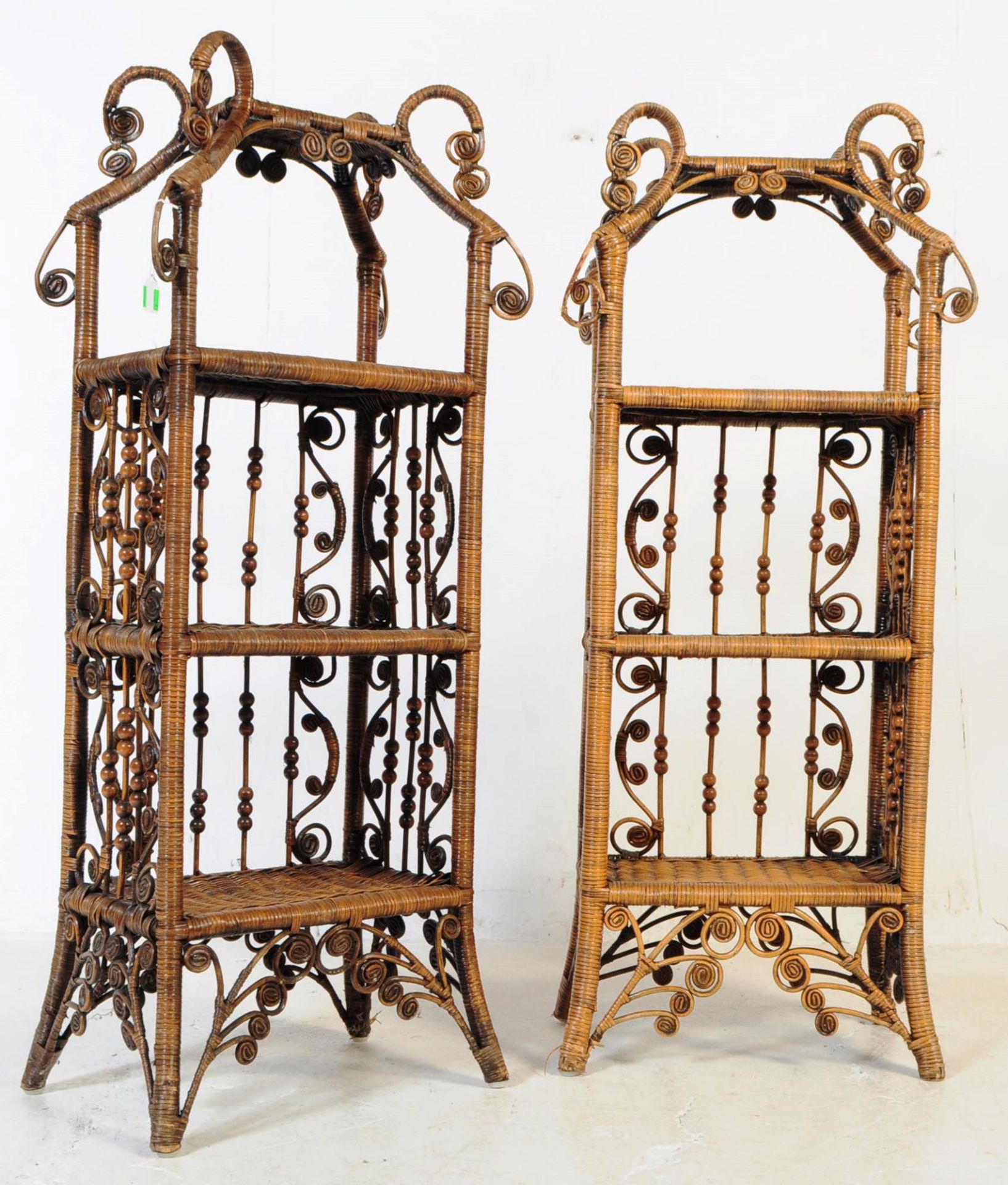 PAIR OF VICTORIAN BAMBOO AND WICKER SHELVES