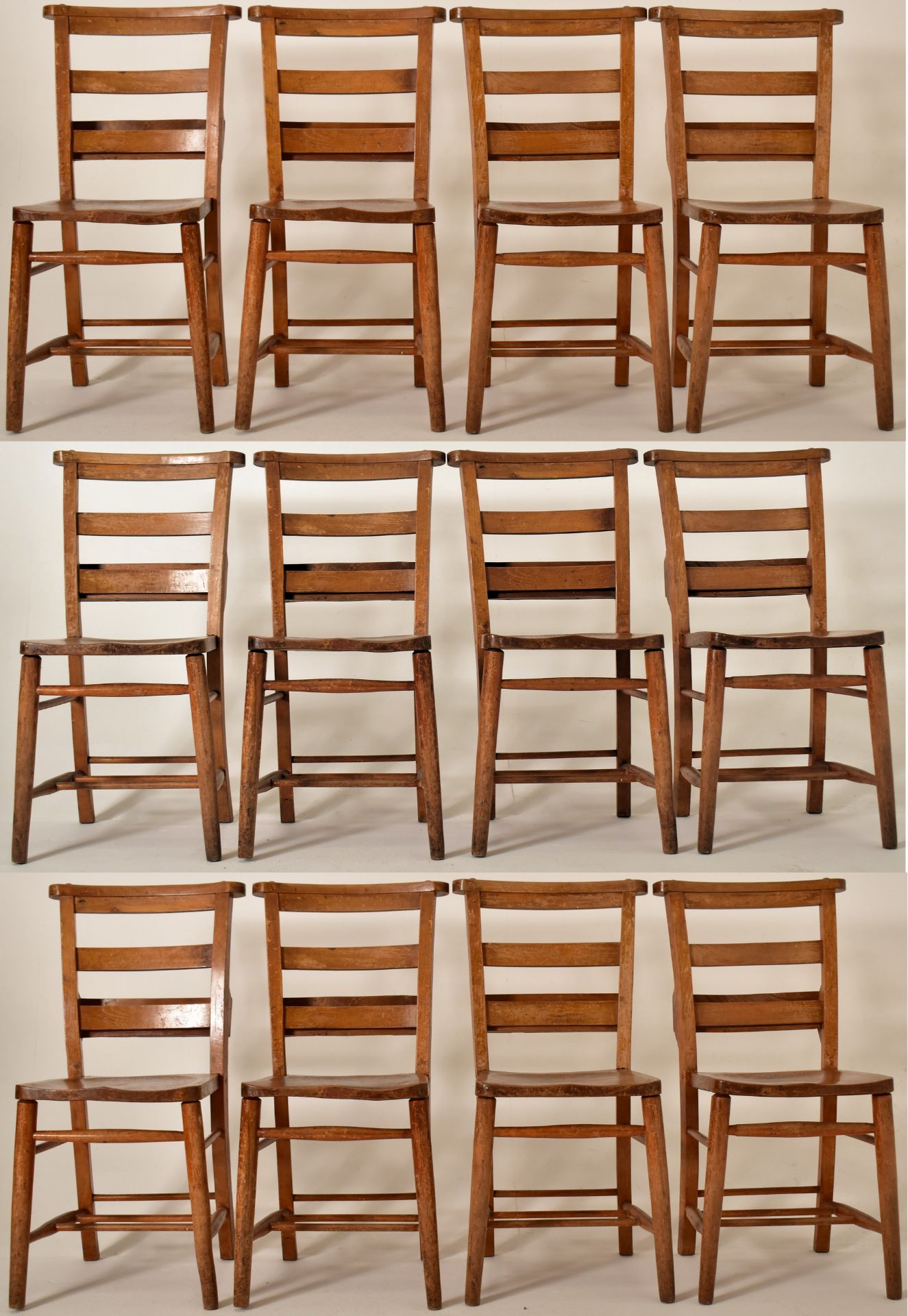 TWELVE VICTORIAN BEECH AND ELM WINDSOR DINING CHAIRS