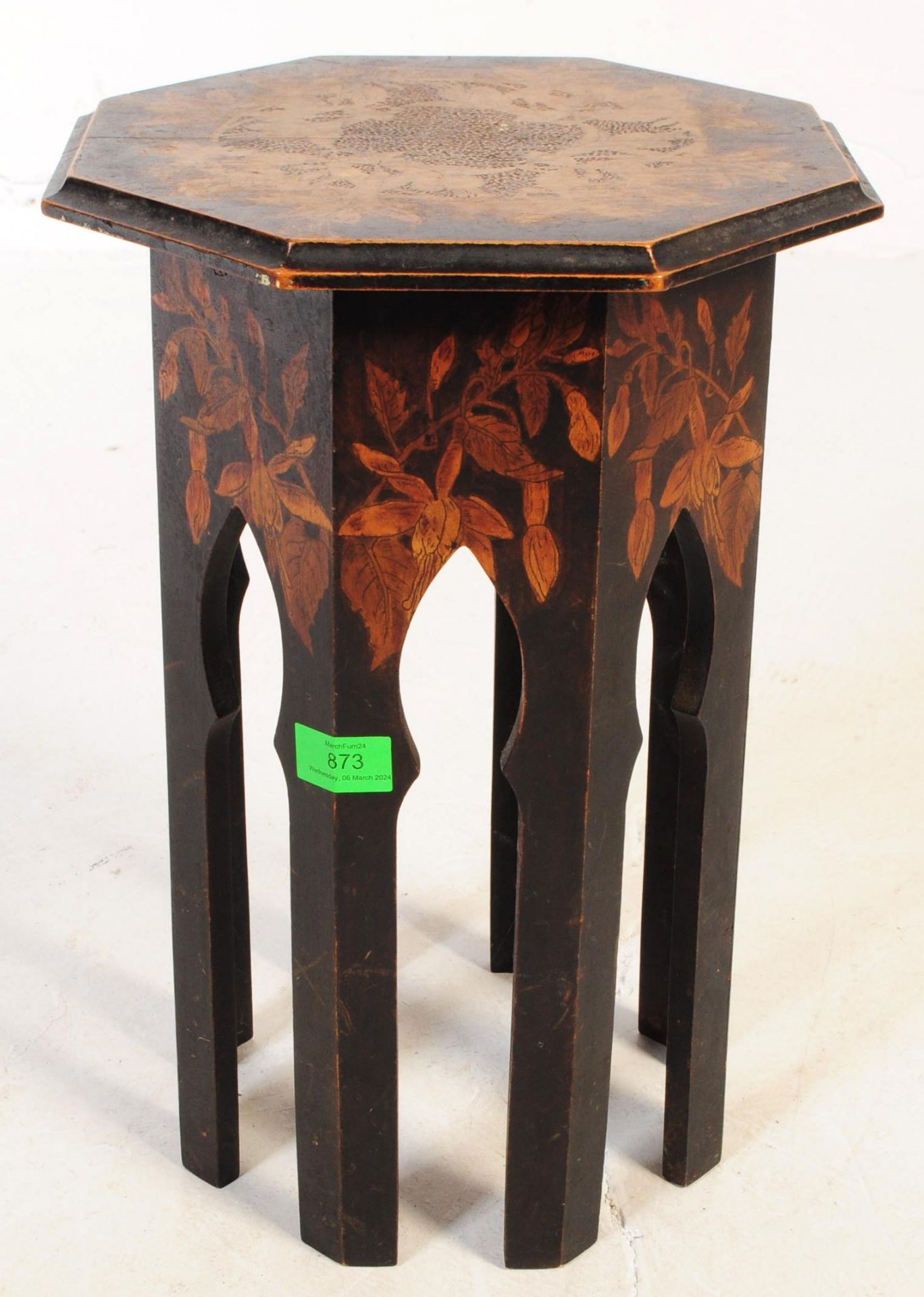 20TH CENTURY LIBERTY STYLE INLAID POKERWORK MOORISH STOOL