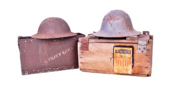 COLLECTION OF HELMETS & AMMUNITION CRATES