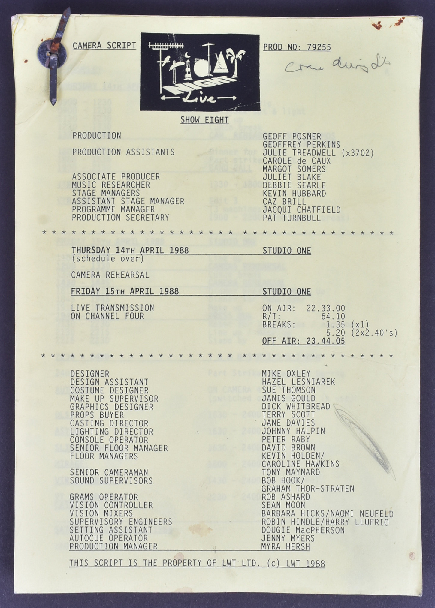 FRIDAY NIGHT LIVE (1988 SERIES) - ORIGINAL SCRIPT - POGUES, ELTON ETC