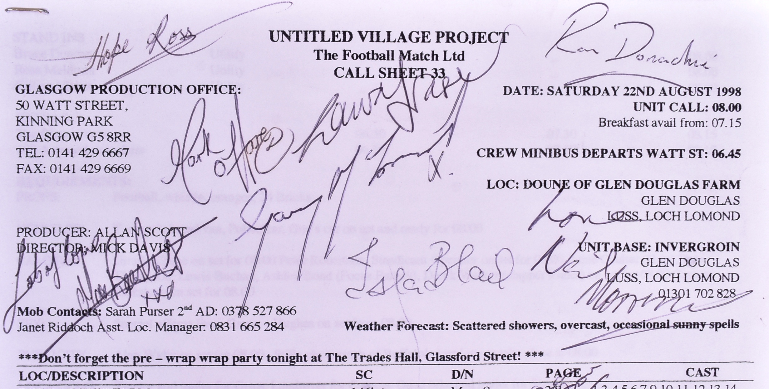 THE MATCH (1999) - TOM SIZEMORE + CAST SIGNED CALL SHEET - Image 2 of 5