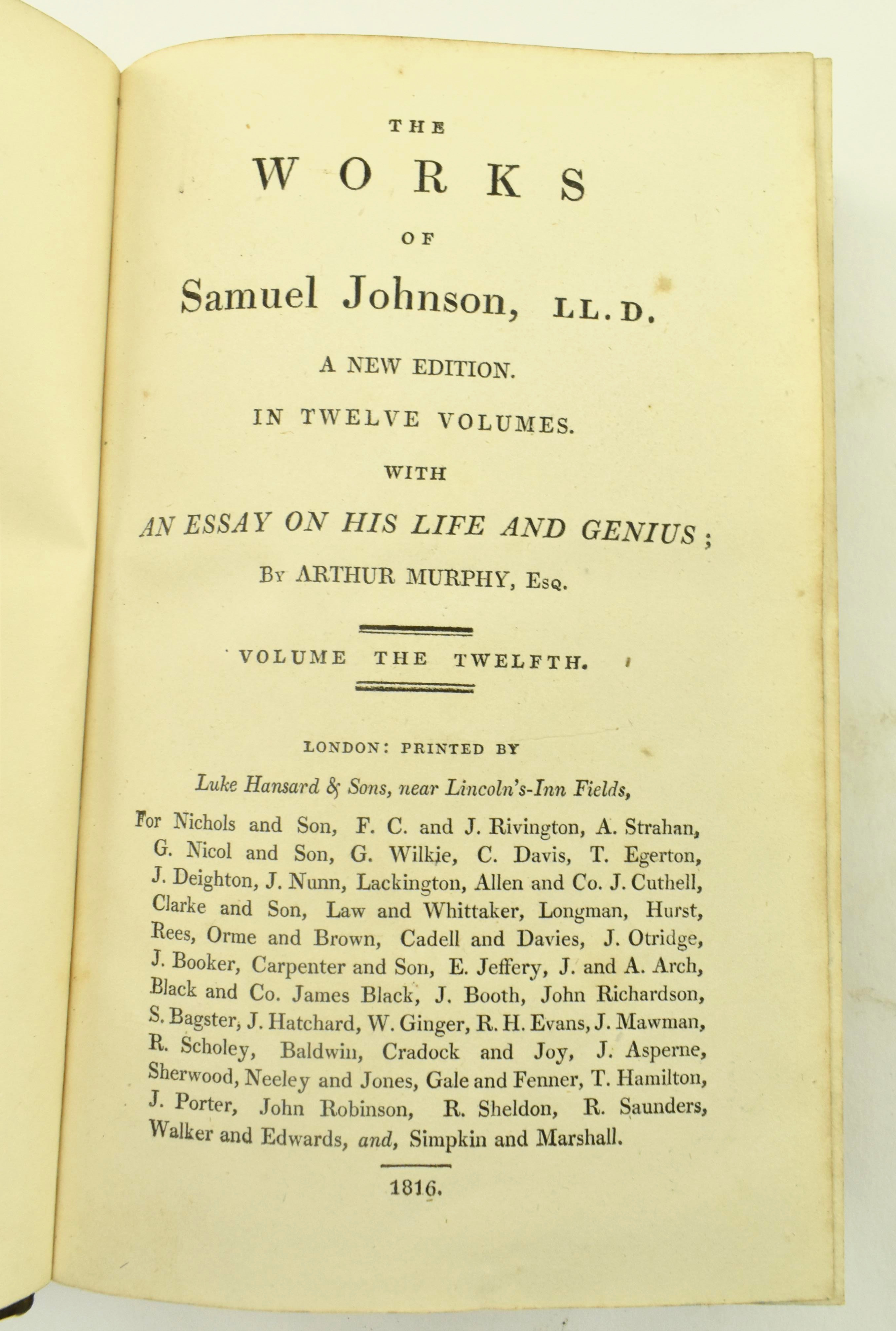 BINDINGS. 1816 THE WORKS OF SAMUEL JOHNSON IN TWELVE VOLS - Image 8 of 8