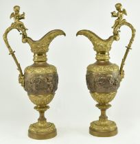 PAIR OF LARGE RENAISSANCE INSPIRED BRONZE & GILT EWERS JUGS