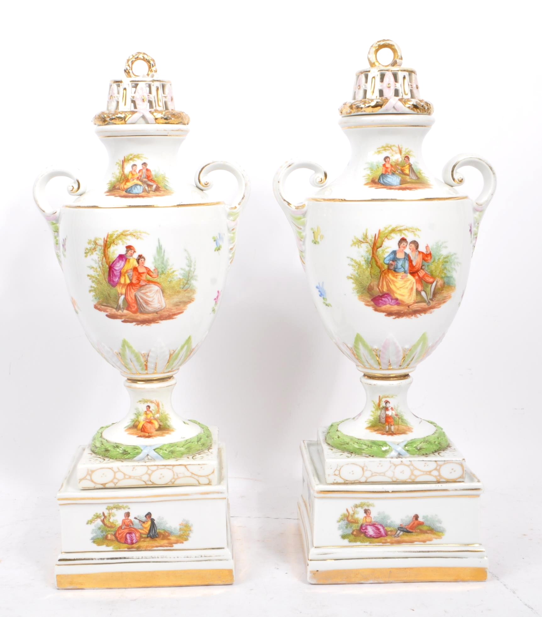 PAIR OF CHINA CONTINENTAL DRESDEN SPRAY STYLE URNS