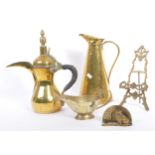 COLLECTION OF BRASS TO INCLUDE DALLAH JUGS & PICTURE STAND