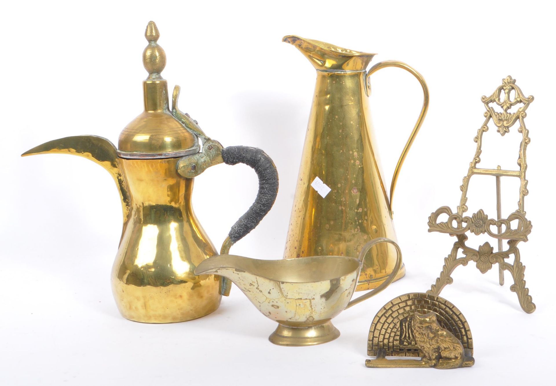 COLLECTION OF BRASS TO INCLUDE DALLAH JUGS & PICTURE STAND