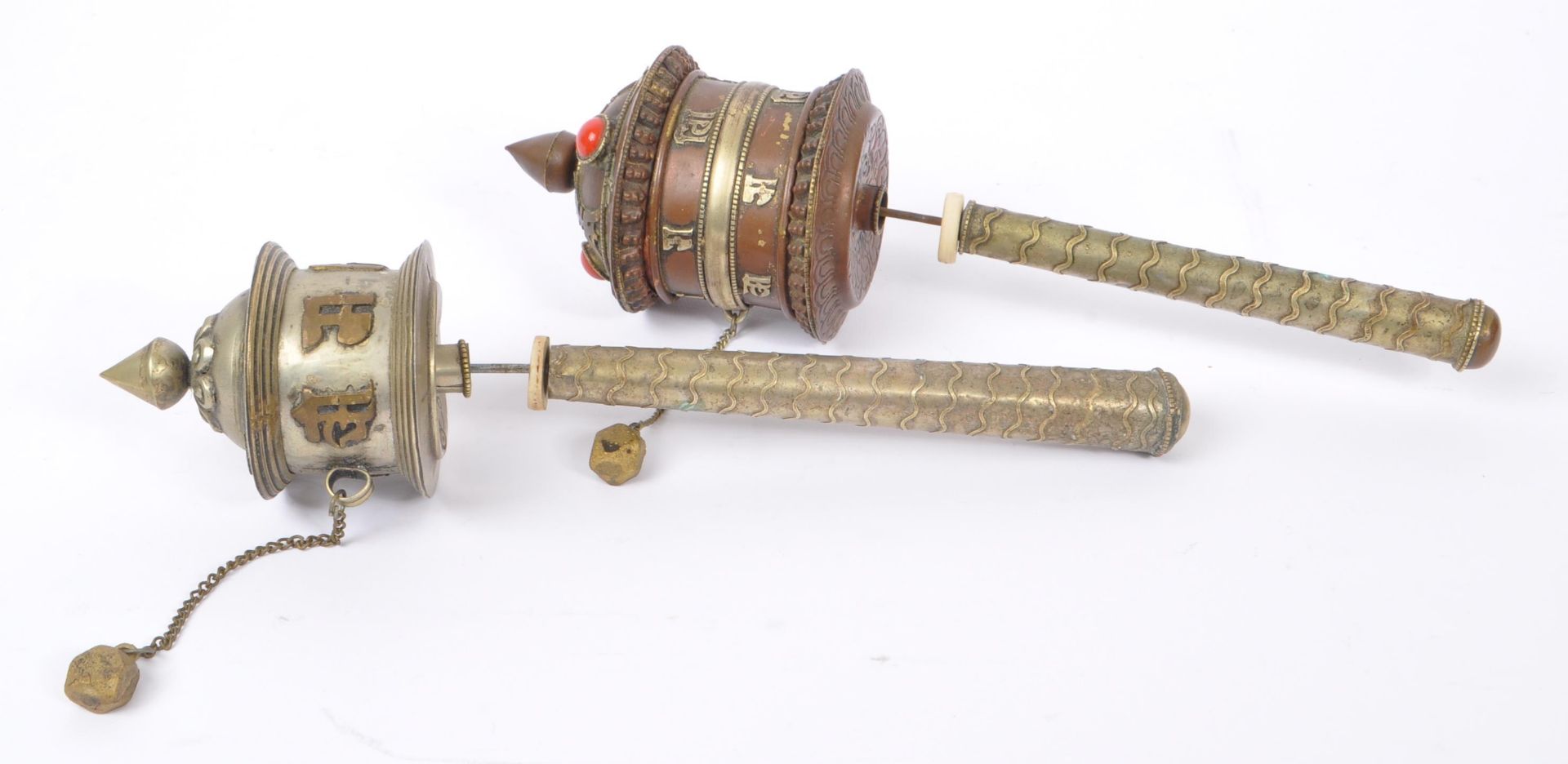 TWO EARLY 20TH CENTURY TIBETAN PRAYER WHEELS