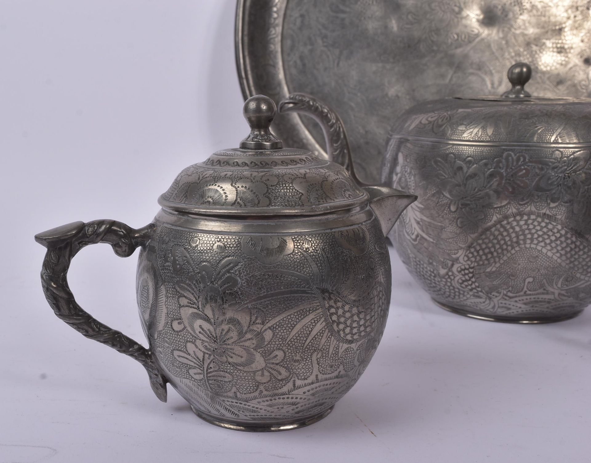 CHINESE KUT HING SWATOW FOUR PIECE PEWTER TEA SET - Image 4 of 8