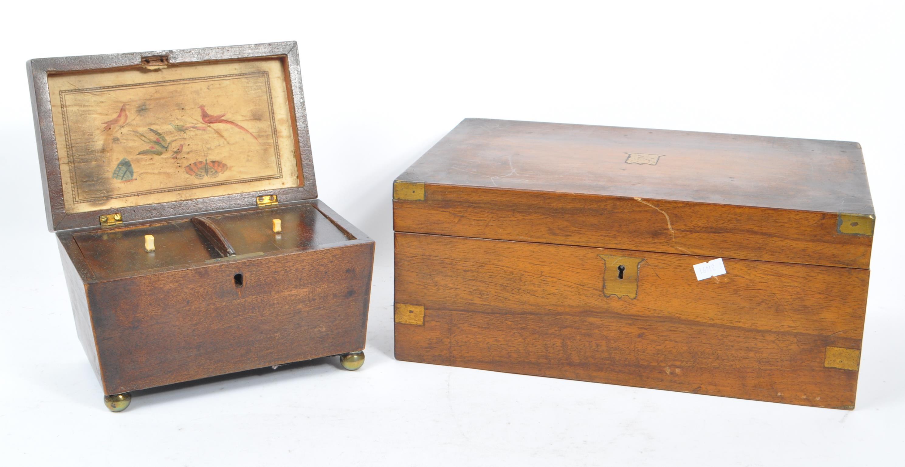 19TH CENTURY TEA CADDY WITH LATER OAK WOOD WRITING SLOPE