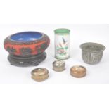 CHINESE CINNABAR BOWL WITH COLLECTION OF TIBETAN ITEMS